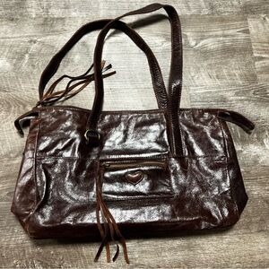 Dark Brown Leather Shoulder Bag with Heart Zip Pocket